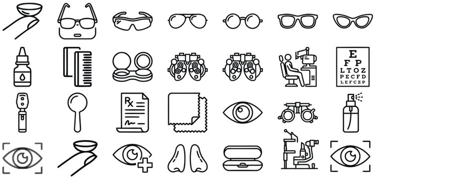 Optometry Eye Examination and Vision Care outline icon set. Featuring eyeglasses, trial frame, eye chart, slit lamp, and contact lens symbols. Vector icons for vision testing guides.