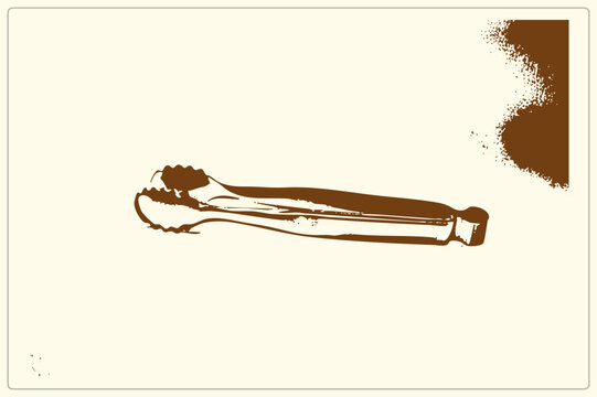 "Serving tongs, also called a grub grabber or food pincer, in rough vintage stencil style. Distressed brown with halftone spatter gives this kitchen utensil a hand inked, screen printed chara