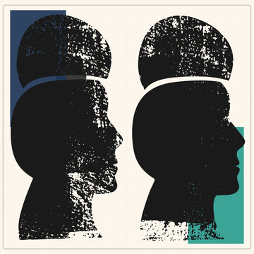 Two distressed black stencil heads with open egghead and bean styles suggesting psychology and mental health, in vintage screenprint style with teal and navy accents.