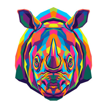 Vibrant Colorful Rhinoceros Head in WPAP Pop Art Style, Geometric Low Poly African Rhino Portrait Illustration