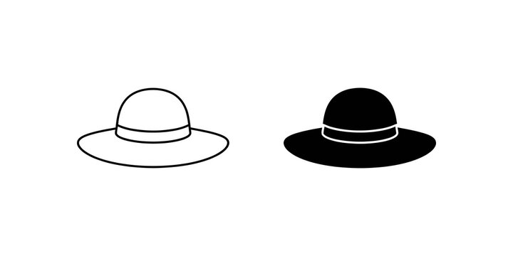 Elegant female sun hat line art and solid silhouette icons for summer fashion beach wear accessories.