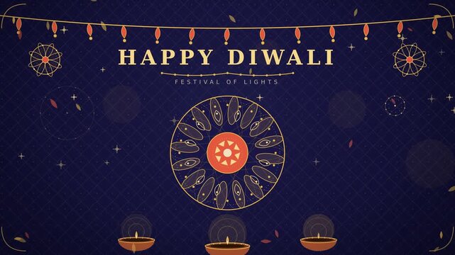 Diwali Festival of Lights Animation with Diya Oil Lamps Rangoli Mandala and Toran Garland in Gold Filigree Style