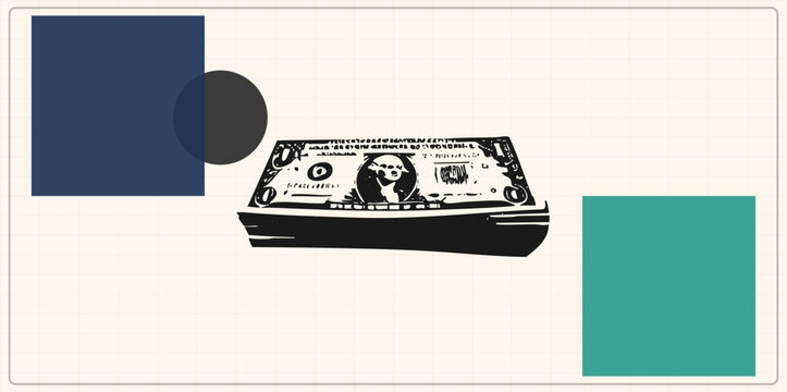 Stack of greenbacks drawn in gritty stencil ink sits at the center, the buck rendered with rough halftone texture. Bold navy and teal squares frame the money like a retro poster composition.