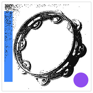 Gritty black tambourine, often called a buben or jingle ring, rendered in rough stencil ink style with distressed speckle texture. This hand drum frame graphic suits edgy music themed designs.