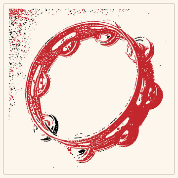 Weathered tambourine hand drum in rough stencil print style, jingle ring and zils in distressed crimson ink. Folk percussion instrument, also called buben or riq, with grunge texture specks.