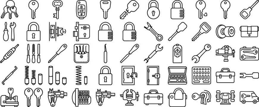 Locksmith Keys and Locks outline icon set. Featuring door keys, padlock, deadbolt, lock cylinder, and key cutting machine symbols. Vector icons for locksmith services and door security.
