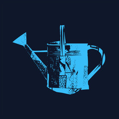 Weathered watering can in gritty stencil style, showing distressed halftone texture and speckled wear. Classic galvanized sprinkler silhouette suits rustic gardening themes. © Rysak