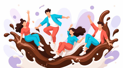 Obraz premium National Chocolate Milkshake Day celebration featuring happy young friends jumping and dancing together in a sweet cocoa splash.