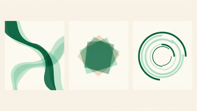 Three green abstract panels with wavy lines, overlapping pentagons, and concentric circular rings