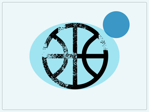 Distressed basketball with rough stencil texture, black curved seams on a light blue oval backdrop. Grunge "b ball" mark blending sport energy and urban street style, topped by a solid blue circle acc