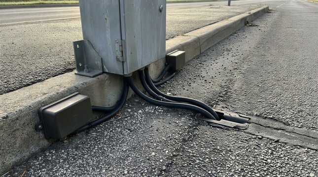 Outdoor electrical control cabinet with wiring conduits connected to induction loop sensors on asphalt road