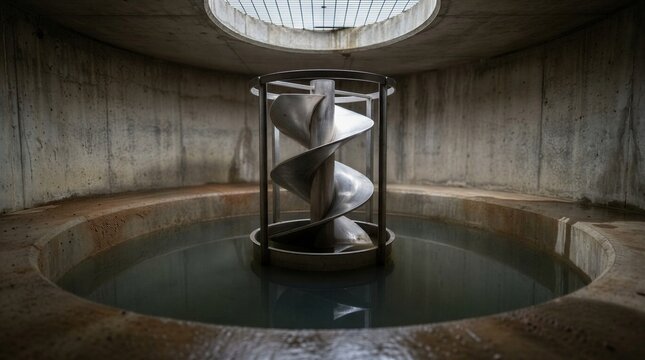 Underground concrete water treatment chamber with metallic Archimedes screw pump