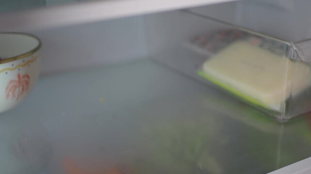 Person opening refrigerator door taking out food container inside fresh fridge