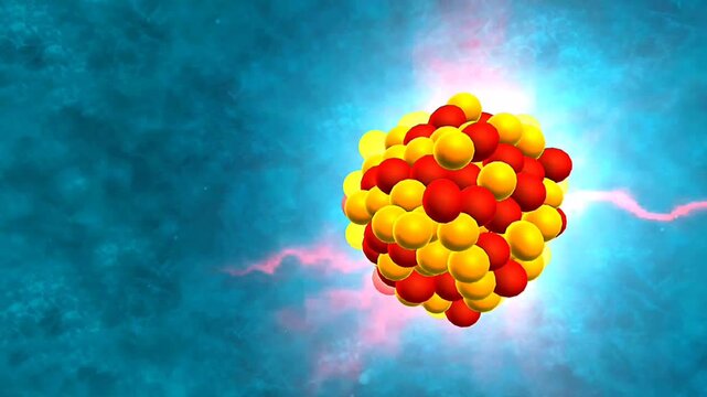 Scientific animation of beta decay showing electron or positron emission from an unstable atomic nucleus.