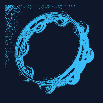 Grunge tambourine in bold blue ink with heavy speckle and stencil texture, jingle pairs along the rim. Folk percussionists call it a buben or riq a hand drum ring shaking with retro print character.
