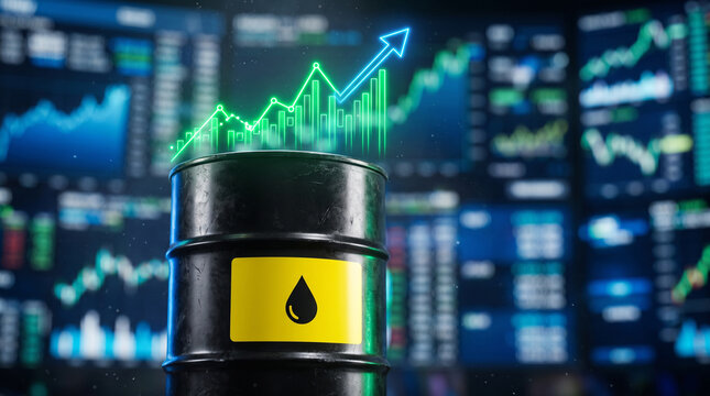 Oil barrel with rising financial growth graph on a digital trading screen