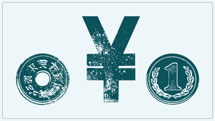 Grunge stamped yen sign flanked by an old hole punched mon coin and a one yen laurel piece. Japanese cash set in worn rubber stamp texture, teal ink, vintage currency mood. © Rysak