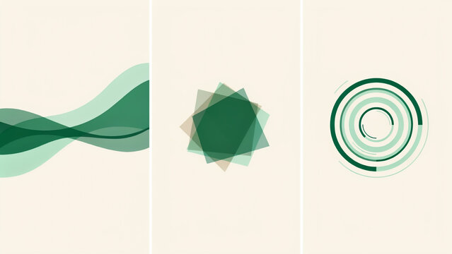 Three minimalist green panels with wavy lines, overlapping polygons, and concentric circular arcs