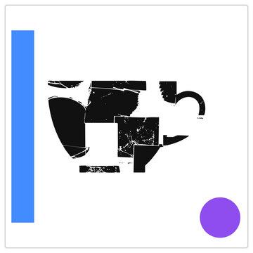 Distressed java cup silhouette in rough stencil style, the mug breaks into fragmented black blocks with scratched texture. Grungy teacup cutout suits bold decor and edgy cafe visuals.