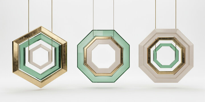 Three hanging geometric frames with gold and green glass accents on a white background