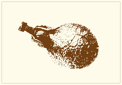 Rustic ham hock as distressed stencil art, speckled brown drumstick with grunge stipple texture. Butcher shop pictogram of poultry leg cut, bold vintage food graphic on transparent backgrou