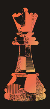 Stylized chess queen in textured flat vector style with grunge halftone shading. The piece, known as the lady or vizier, glows in orange gradient tones symbolizing strategy and power.