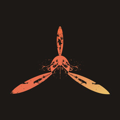 "A weathered air screw in distressed vector style, three worn blades radiating from a central hub. This grungy fan blade symbol, also called an airscrew or pusher prop, uses rough texture for a rugged © Rysak