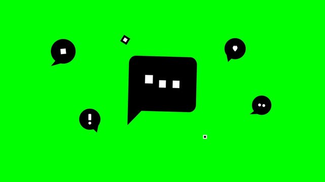 Black speech bubbles and chat icons animating on bright green screen background