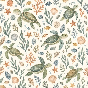 Sea Turtle and Coral Seamless Pattern with Shells and Seaweed