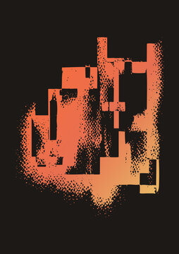 "A glitchy pixelated blob a datamosh smudge dissolving into halftone stipple dots. The and gradient cluster evokes digital decay and vaporwave distortion."
