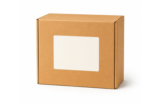 Cardboard mailing box with blank white label for shipping mockup.