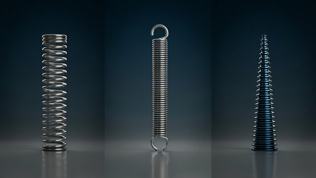 Three industrial metal springs displayed against a dark blue gradient background setting