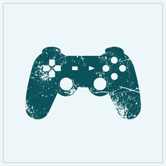 Weathered gamepad, also known as a joypad or game controller, rendered in grunge stencil style. Speckled distress texture and eroded edges give this teal silhouette a retro arcade vibe. © Rysak