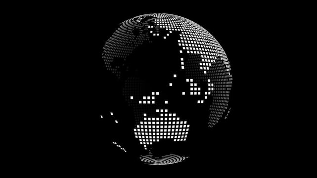 High-tech 4K 60FPS looping animation of a rotating dotted Earth globe. Created using a precise procedural latitude/longitude dot grid with pure black oceans and crisp white square nodes forming