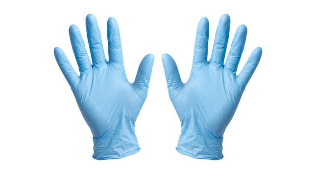 Blue nitrile medical gloves on white background, pair of disposable latex-free surgical gloves, protective rubber hand equipment for healthcare