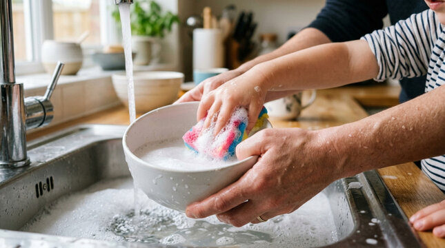Child helping parent wash dishes in kitchen sink, teamwork, chores, learning