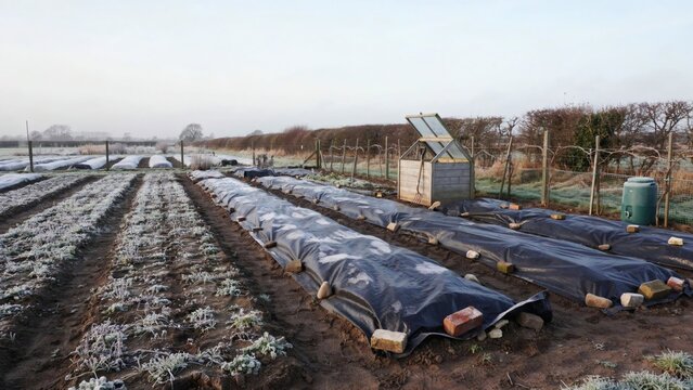 Allotment plot in the dead weeks between crops with beds sheeted under weighted plastic