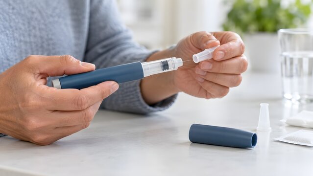 Hands Preparing a Generic Insulin Pen for Diabetes Care on a Clean Table