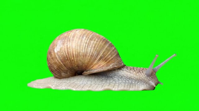Realistic Snail Natural Crawling Movement on Green Screen Background &ndash; Slow Garden Mollusk Wildlife Video Footage