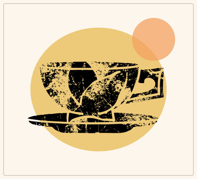 Distressed java cup and saucer in speckled stencil texture, against a mustard circle with sun. This vintage teacup blends brew house charm with retro mid century shapes.