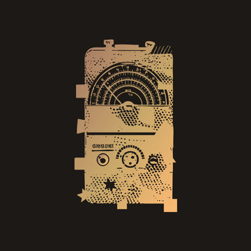 Vintage analog multimeter (avometer) in distressed grunge style, with halftone speckles and worn stencil textures for a weathered, screen printed feel on a warm amber gradient.