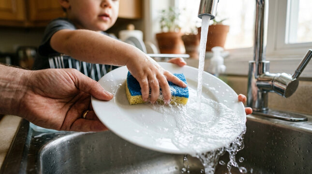 Child helping with dishes, learning household chores, family bonding, kitchen scene