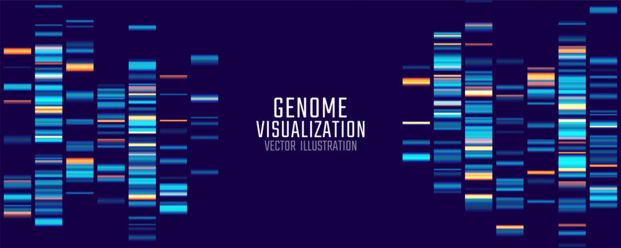 Genomic data visualization. Abstract DNA sequencing and genome mapping graphics. Scientific concept for medical research, biotechnology, and genetic testing. Vector illustration.