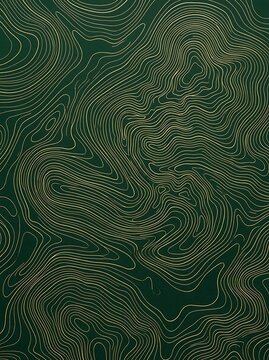 Gold topographic map contour lines pattern on dark green background