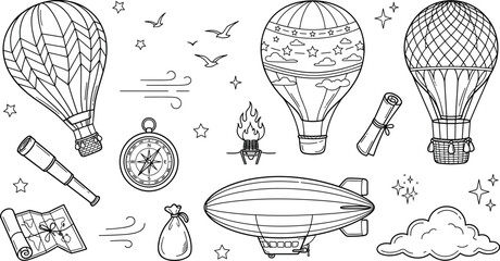 Vintage hot air balloon airship blimp compass map telescope adventure element collection bundle vector line art illustration © SAMI