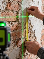 Uso de un láser de nivelación para medir una pared de ladrillo en una construcción