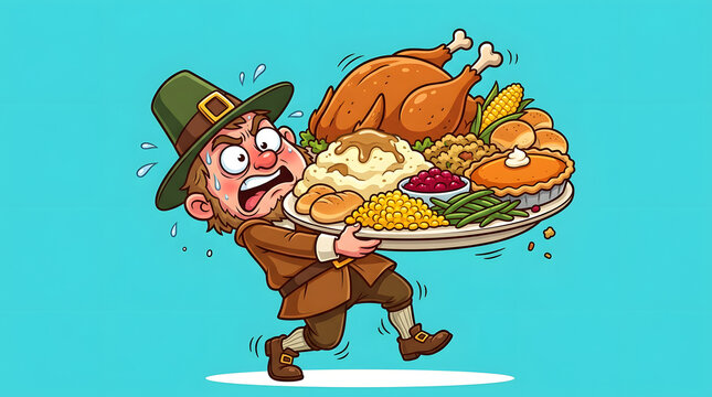 Thanksgiving funny pilgrim carrying a giant platter of holiday food