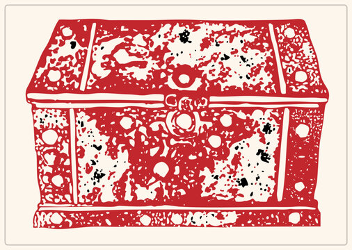 Weathered treasure chest rendered in rough stencil texture, evoking a buccaneers loot box or buried doubloon chest. Bold red linocut grunge style suits adventure and pirate themed designs.