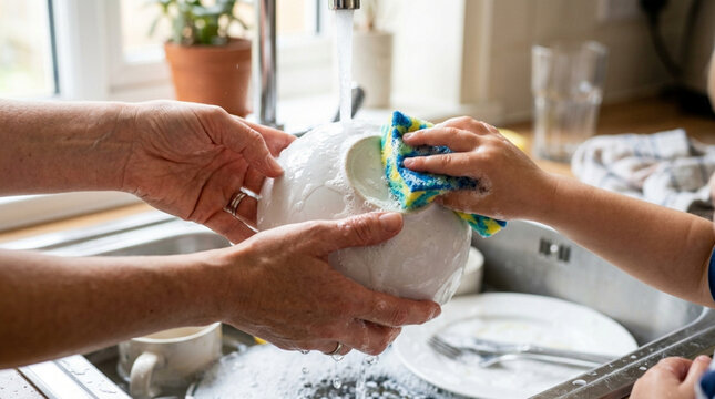 Child learning to wash dishes with adult in kitchen sink, hygiene concept