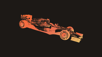 Obraz premium Single seater open wheel in distressed halftone texture with speckled grunge the monoposto bodywork. Bold orange to amber gradient gives this speed machine hot, high velocity racing energ